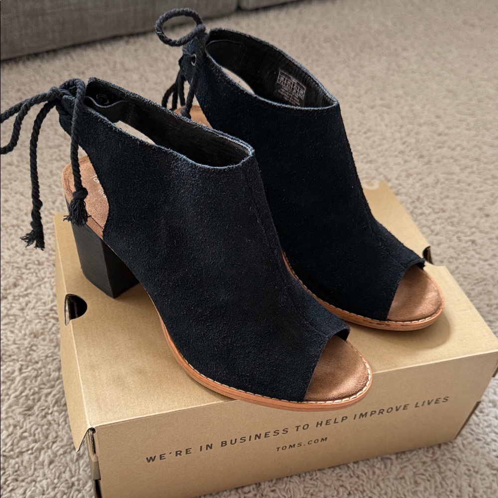 TOMS Black Suede Open-Toe Block Heel Sandals with Back Tie